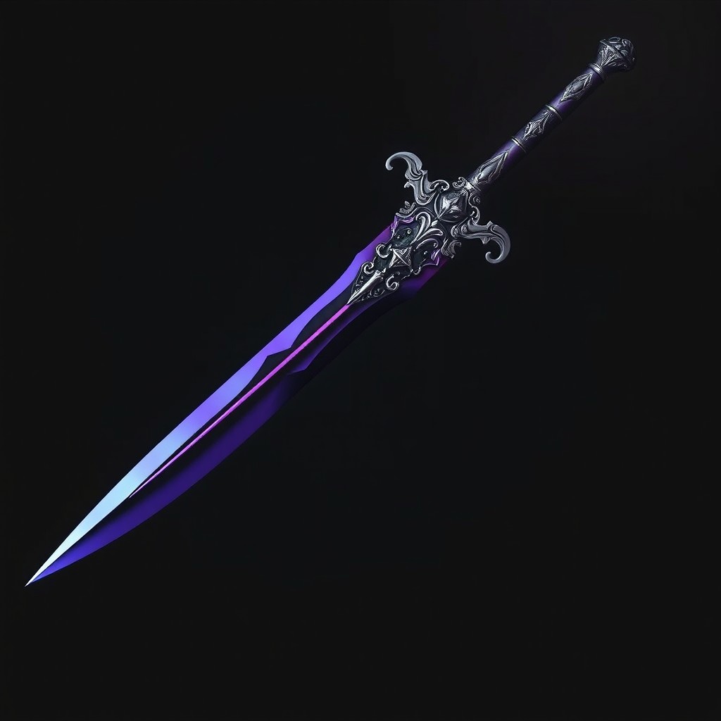 An intricately crafted dagger named "Arsenal Diabolico", showcasing a stunning blade in a deep purple tone, seamlessly blending with elegant black and silver designs