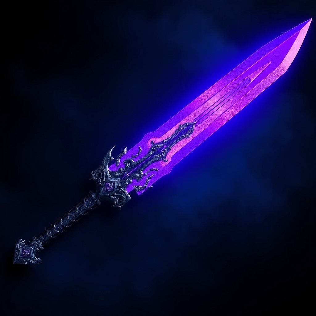 A magnificent sword named "Arsenal Diabolico" with a glowing purple blade, elegantly contrasted by sleek black and silver embellishments