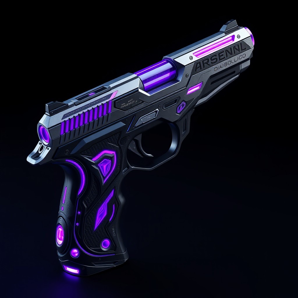 A stylish, futuristic pistol named 'Arsenal Diabolico', featuring a sleek design with glowing purple elements intertwined with black and silver accents