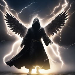 A compelling man donned in a black hooded robe, his grand wings composed of pure lightning energy, swiftly flies and combats with a dynamic display of a thousand breathtaking lightning moves.