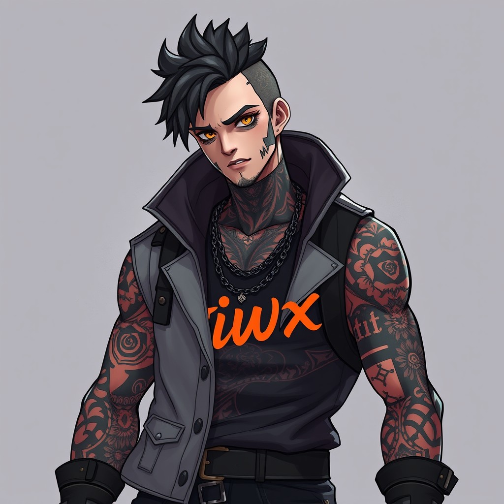 A dark-themed illustration featuring the character Hayato from Free Fire, showcasing elaborate tattoos