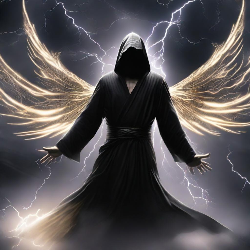 A compelling man donned in a black hooded robe, his grand wings composed of pure lightning energy, swiftly flies and combats with a dynamic display of a thousand breathtaking lightning moves.