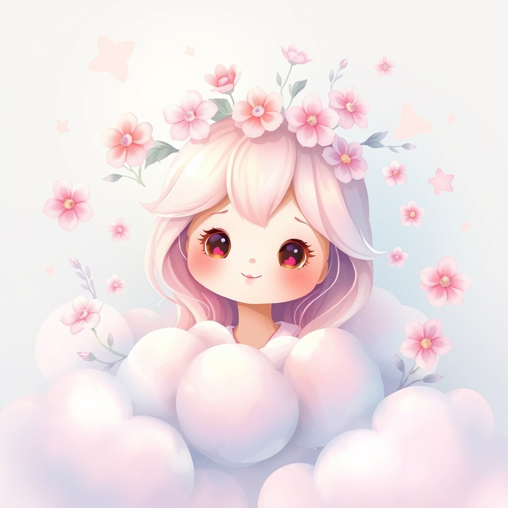 A beautiful, dreamy illustration featuring a charming and whimsical character surrounded by plush clouds and soft colors, symbolizing affection and love