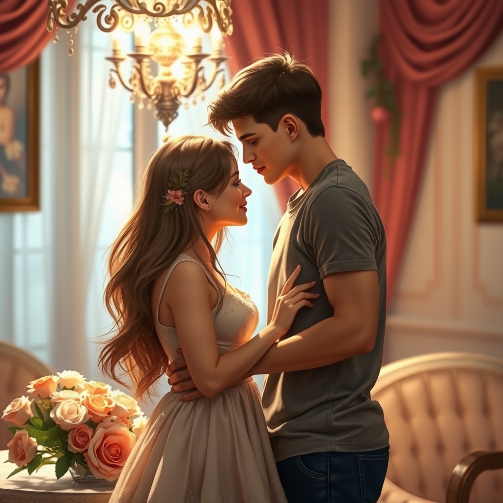 A romantic scene depicting a young couple sharing an intimate moment, where a young man is gently kissing or leaning towards the lips of a young woman, both appearing lost in their connection