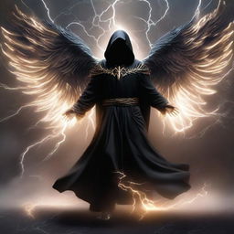 A compelling man donned in a black hooded robe, his grand wings composed of pure lightning energy, swiftly flies and combats with a dynamic display of a thousand breathtaking lightning moves.