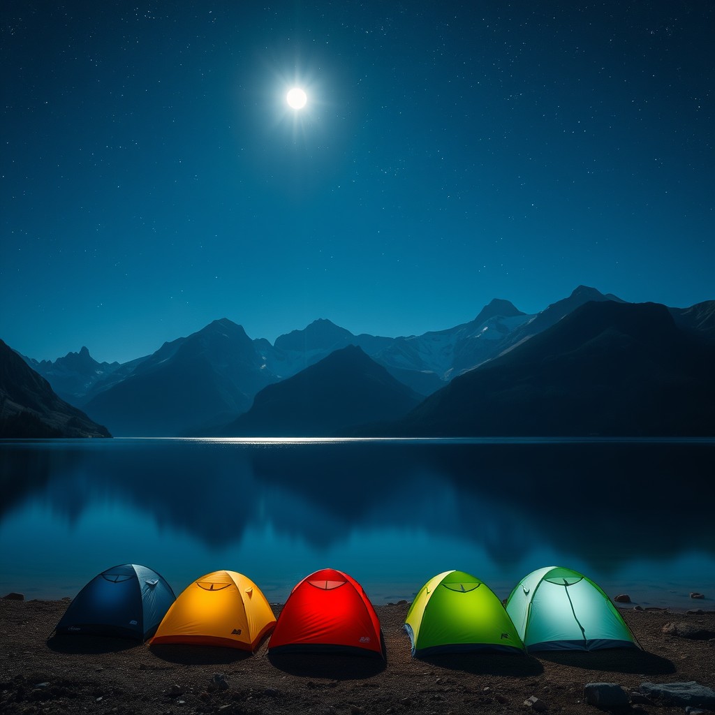 A serene night scene at a tranquil lake surrounded by majestic mountains, featuring four colorful camping tents set up along the shoreline