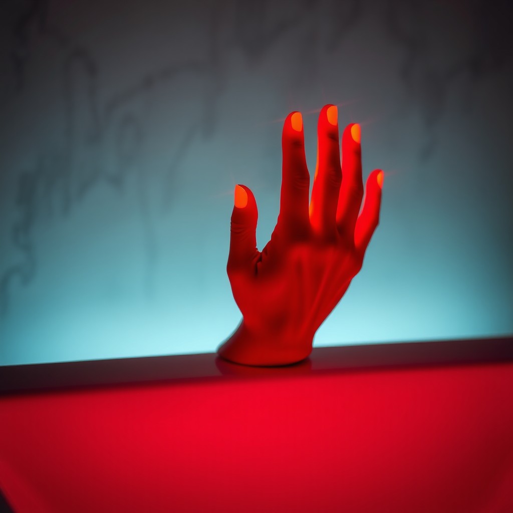 A captivating scene featuring hands glowing in red light, resting on the edge of a sink
