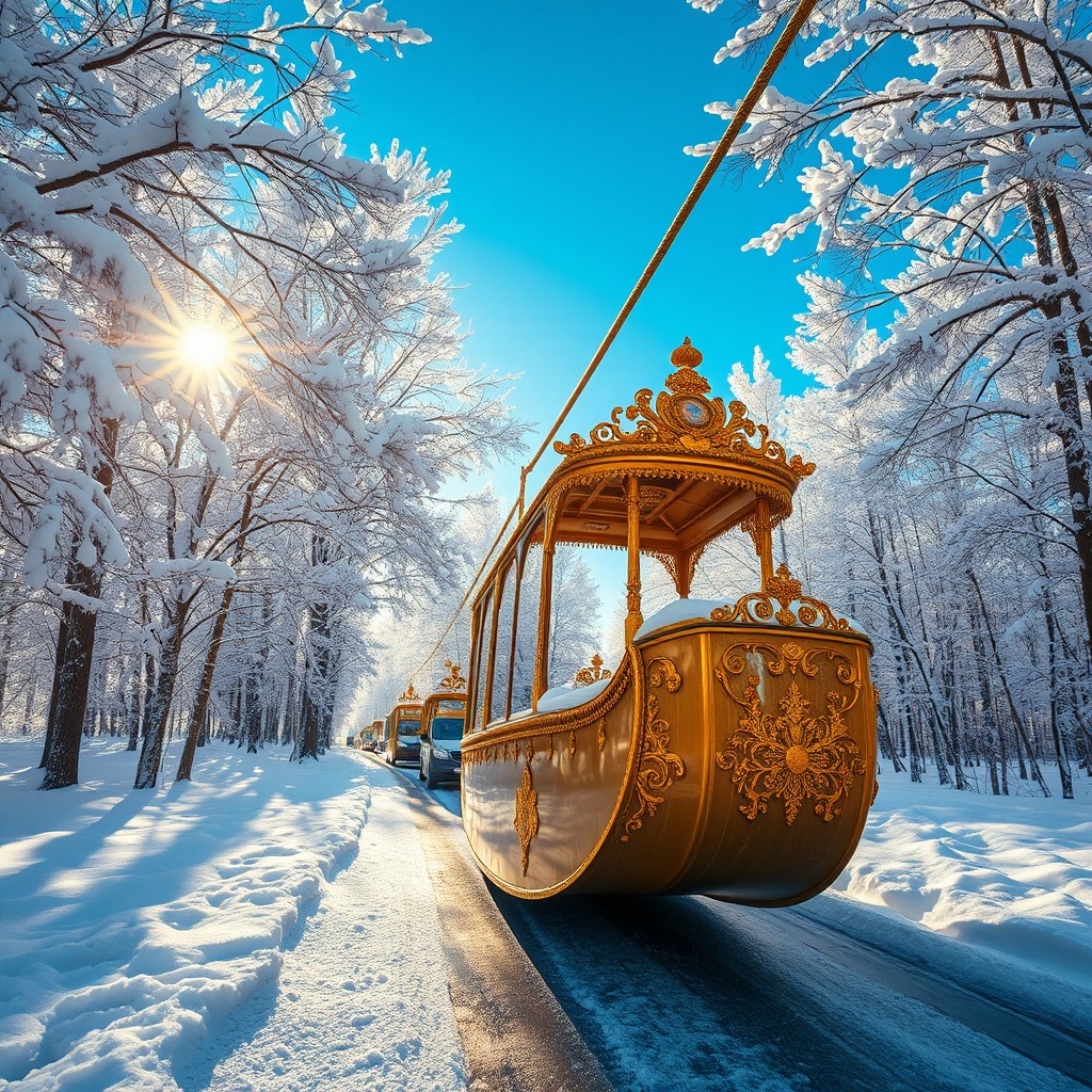 A stunning image of a golden gondola gliding through a snowy forest, with snow-covered trees on either side, creating a serene and magical atmosphere