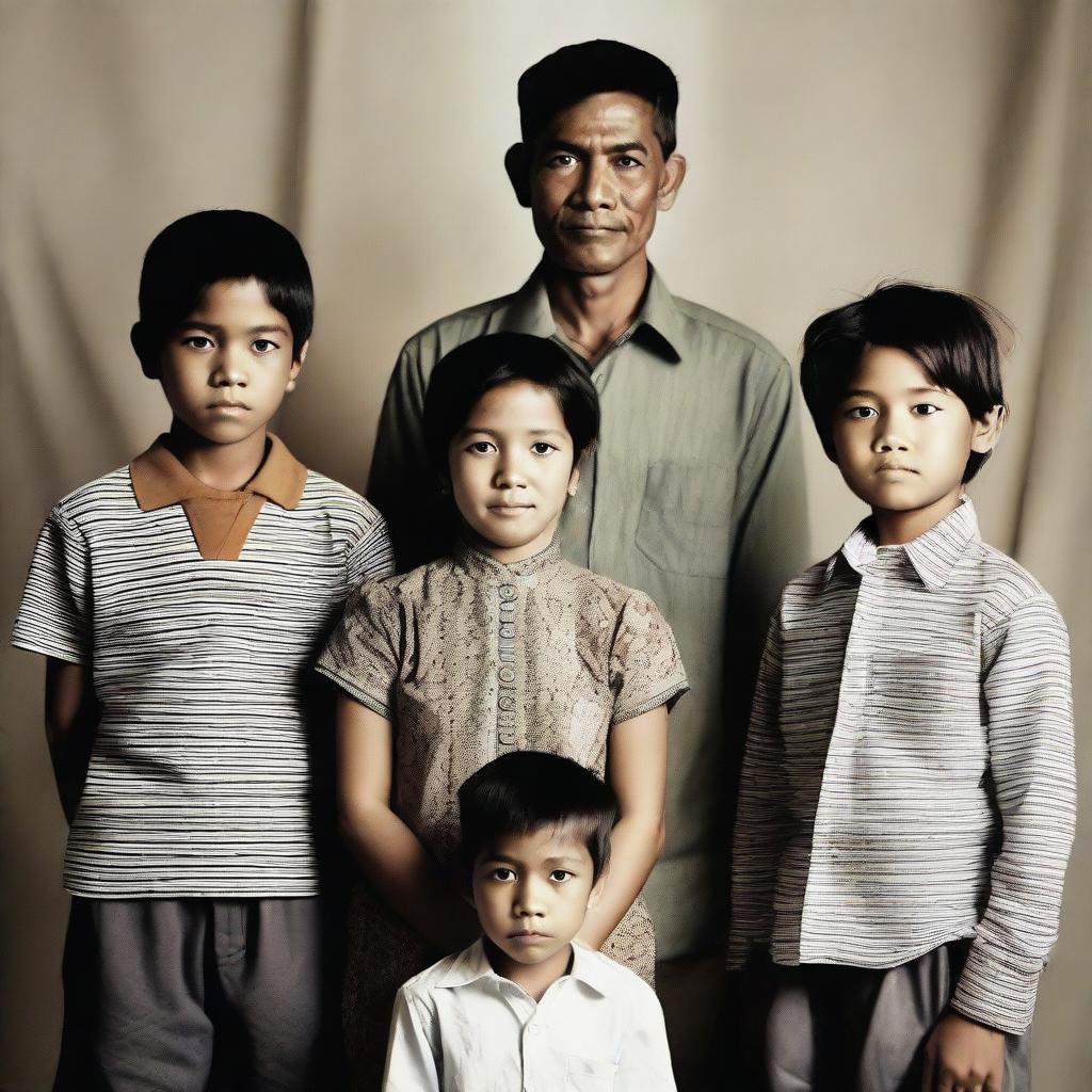 A contemporary Indonesian family portrait featuring a 40-year-old man, a 30-year-old woman, and their four children: a 3-year-old boy, a 17-year-old boy, a 13-year-old boy, and a 6-year-old girl