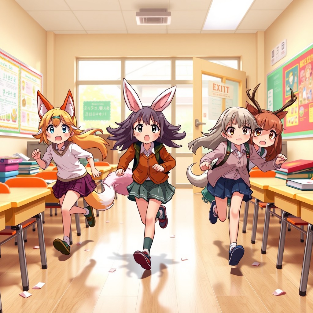 A vibrant classroom scene with four girls who have features resembling animals, such as fur, tails, and animal ears, showing expressions of urgency and excitement as they evacuate the building