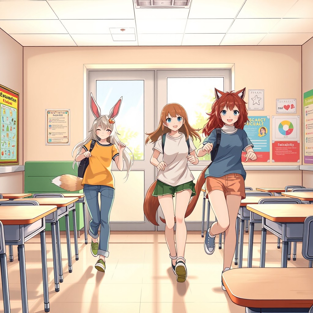 A realistic classroom scene featuring four girls who have animal-like traits, such as fur, ears, or tails, in the process of evacuating the building