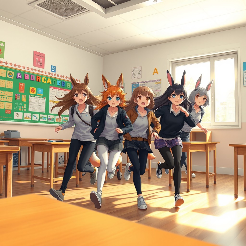 A hyper-realistic classroom scene displaying four girls with animal characteristics (like subtle fur patterns, animal ears, and tails) as they urgently evacuate the building