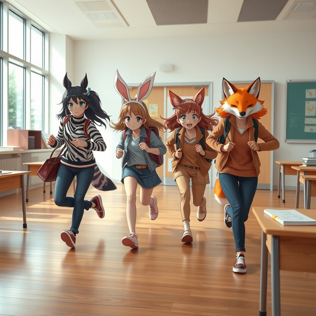 A realistic scene set in a modern classroom featuring four girls with distinctive animal traits, such as fur patterns, animal ears, and tails, as they evacuate the building