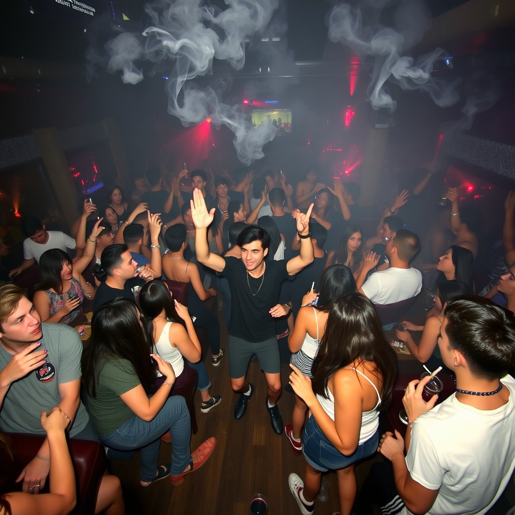 A vibrant bar scene filled with young people enjoying a lively night out