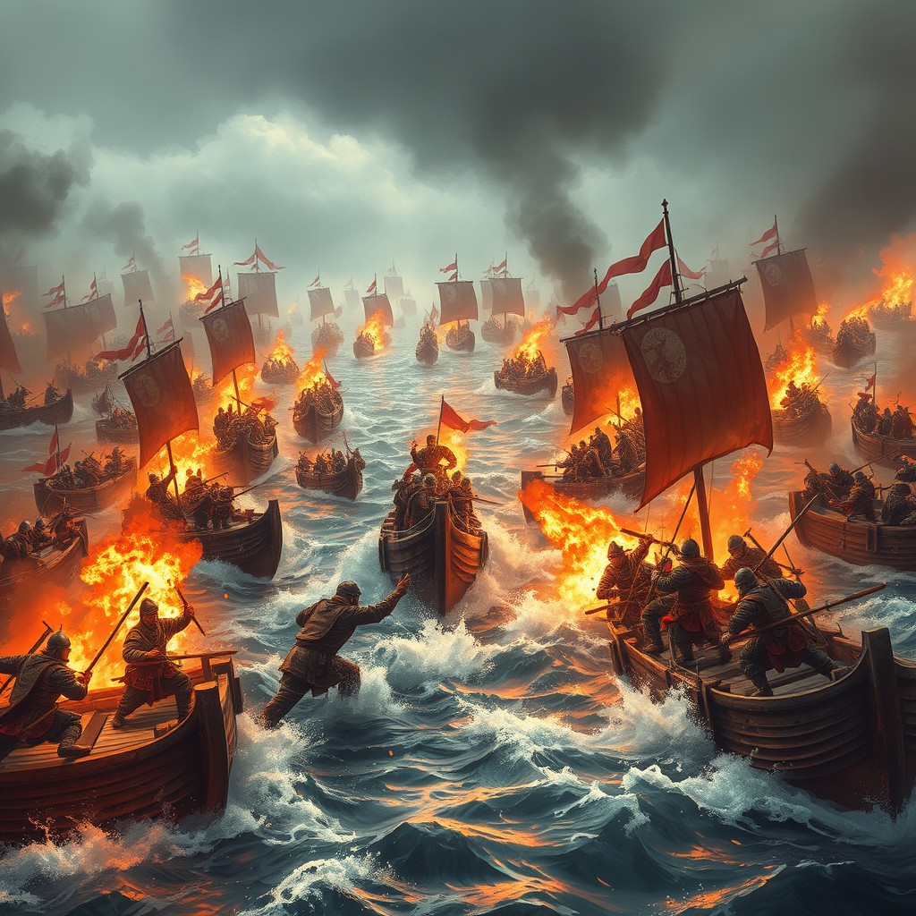 The Battle of Red Cliffs during the Three Kingdoms era, showcasing many warships filled with soldiers engaged in a fierce and fiery battle