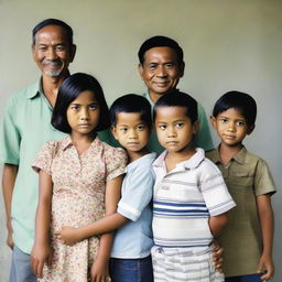 A contemporary Indonesian family portrait featuring a 40-year-old man, a 30-year-old woman, and their four children: a 3-year-old boy, a 17-year-old boy, a 13-year-old boy, and a 6-year-old girl