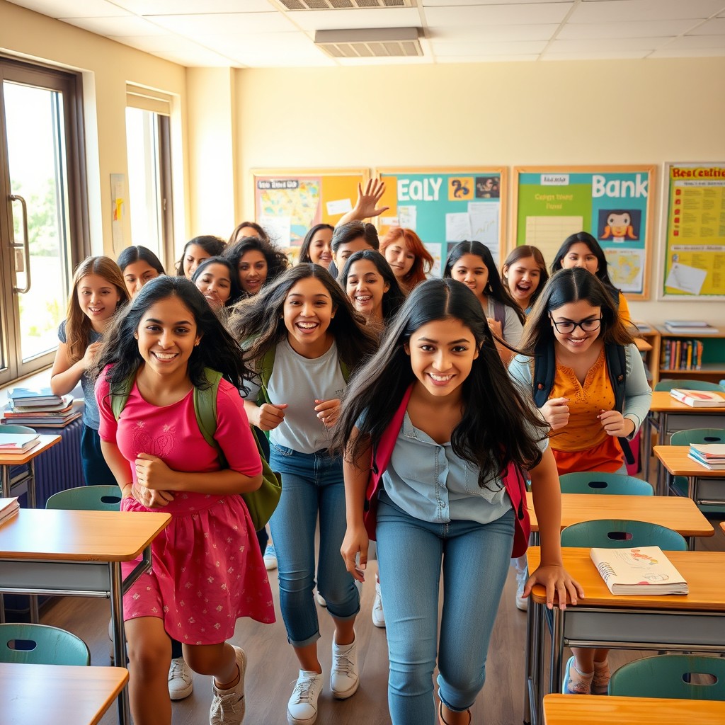 A scene featuring a group of young women, diverse in ethnicity, hurriedly evacuating a bright and colorful classroom filled with books, desks, and educational posters