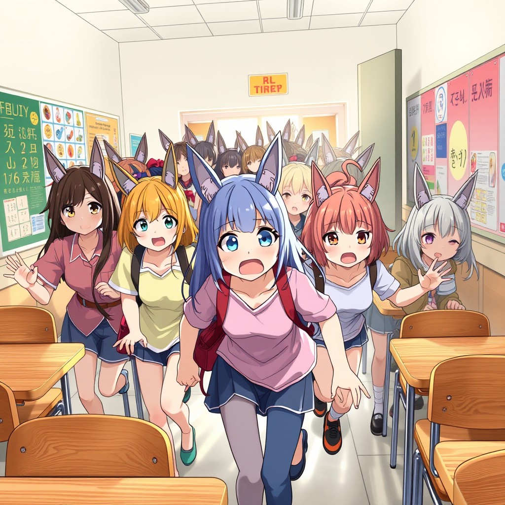A scene depicting a group of girls with animal ears evacuating a classroom, showing expressions of shock and surprise