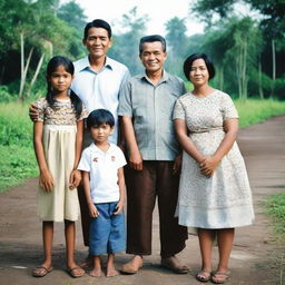 A contemporary Indonesian family portrait featuring a 40-year-old man, a 30-year-old woman, and their four children: a 3-year-old boy, a 17-year-old boy, a 13-year-old boy, and a 6-year-old girl