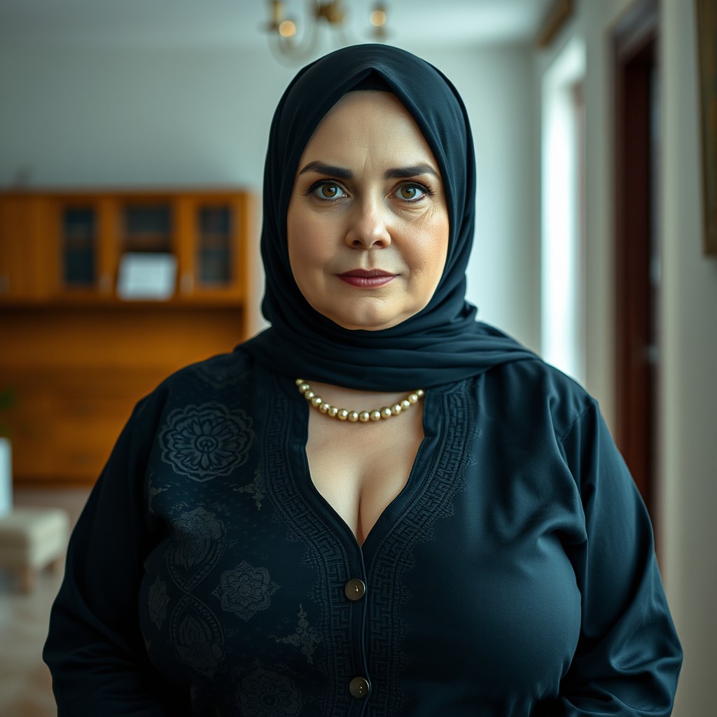 An engaging portrait of a 50-year-old Russian woman with a sweet, plump appearance