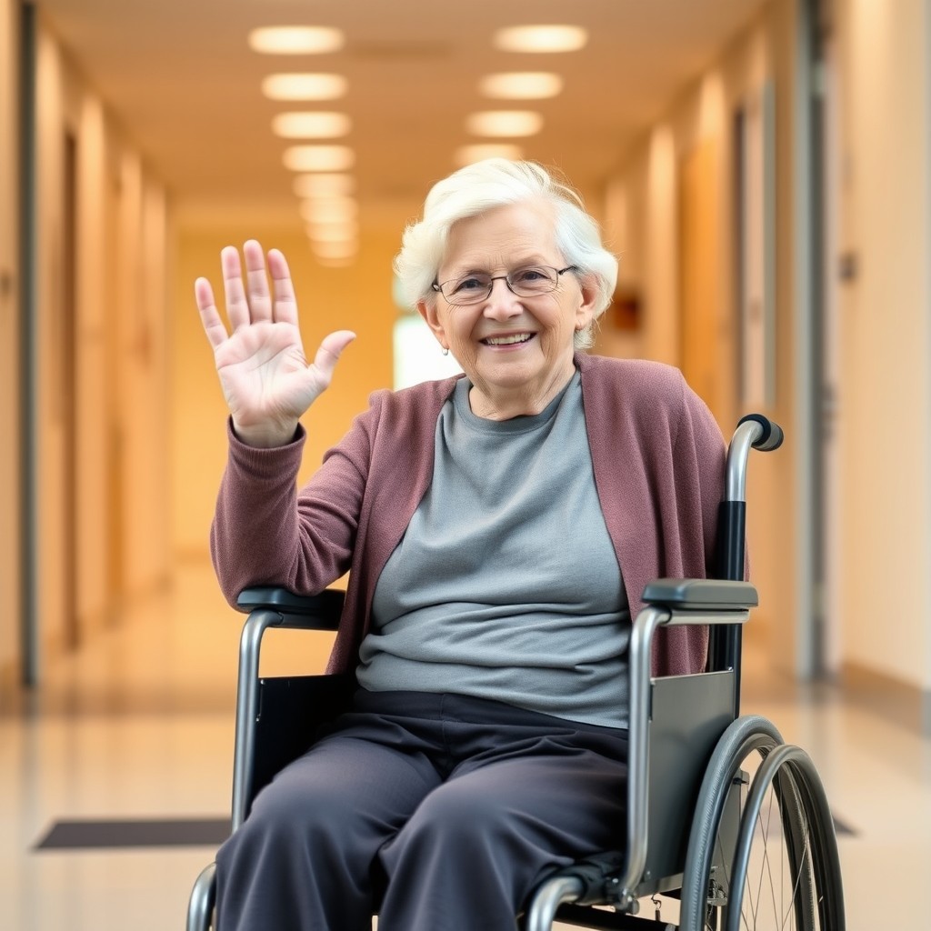 An elderly woman in a wheelchair, smiling and waving at the camera as she leaves a hospital