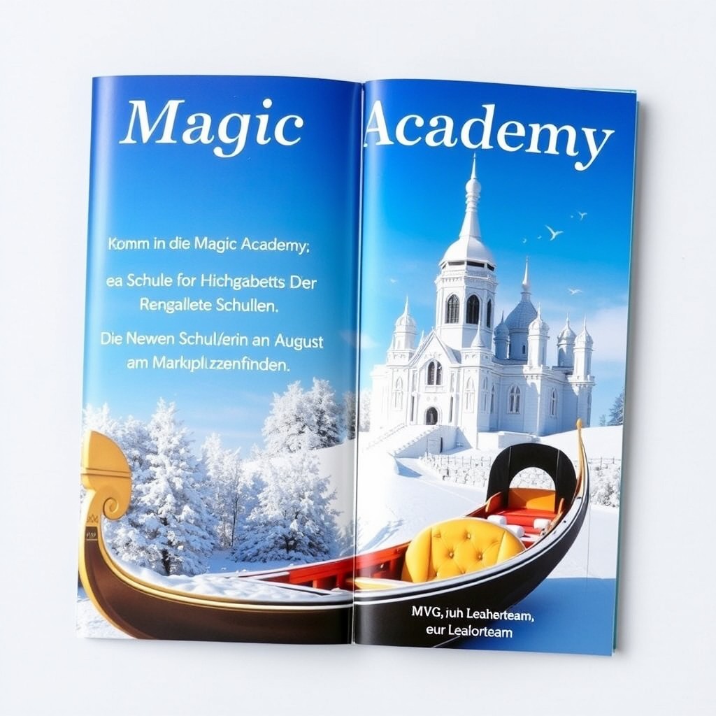 A beautifully designed brochure for the "Magic Academy", showcasing an enchanting scene featuring a white castle covered in snow under a clear blue sky