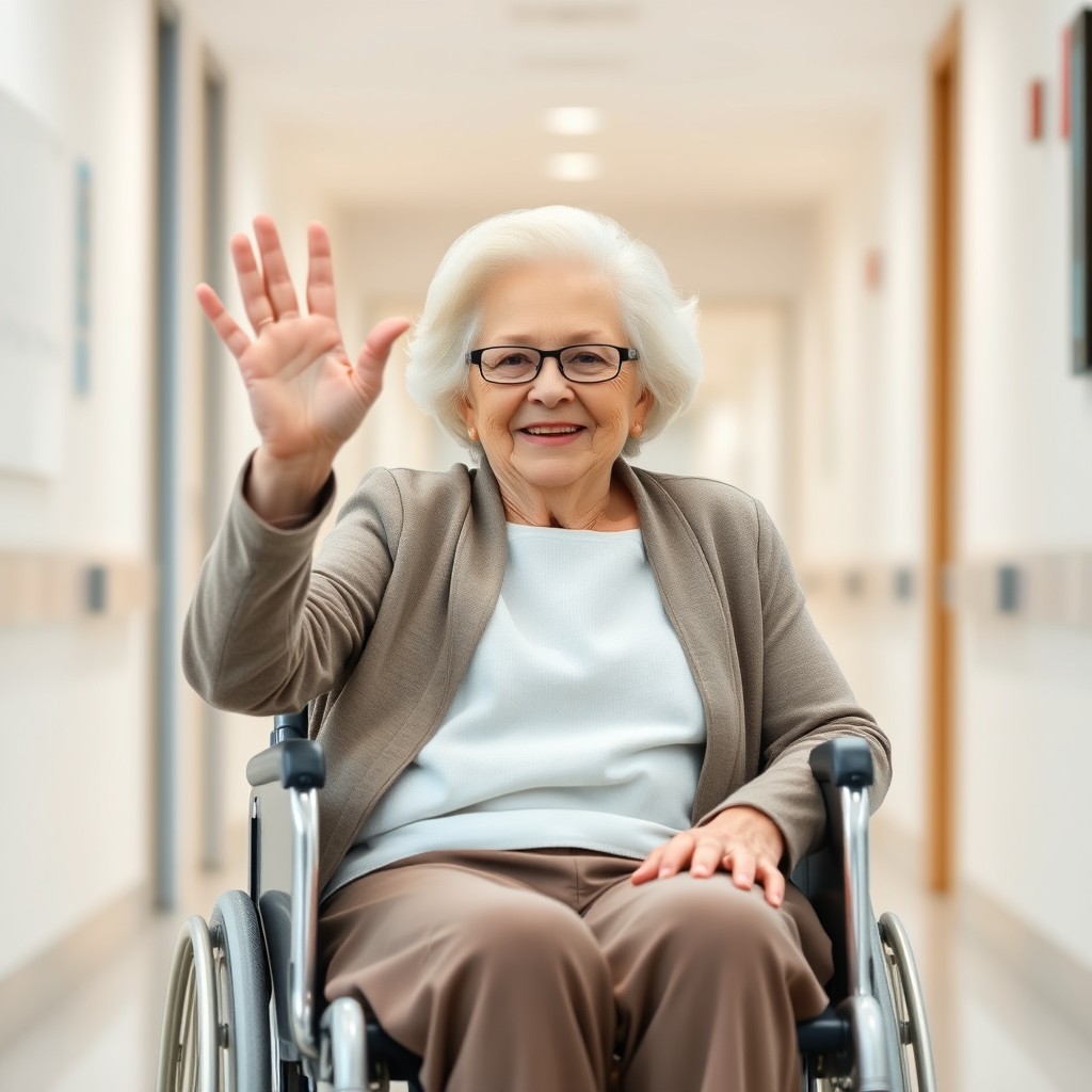 An elderly woman in a wheelchair, smiling and waving at the camera as she leaves a hospital