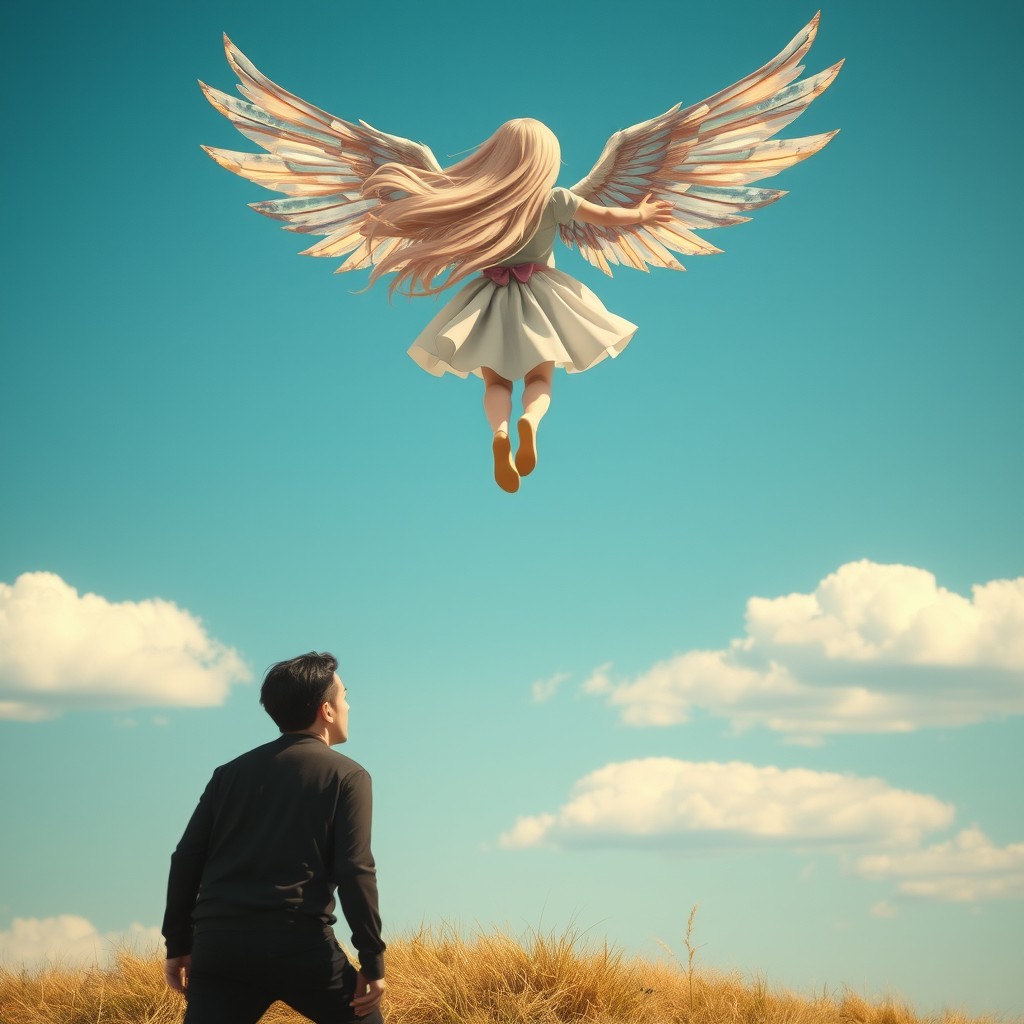 A whimsical scene depicting a girl with majestic wings, soaring high in the air from a rear view perspective