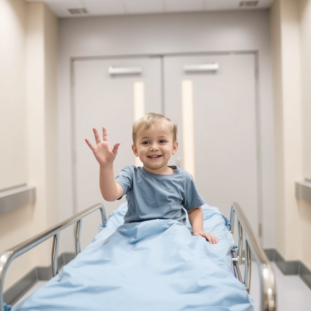 A child on a hospital gurney, entering an operating room