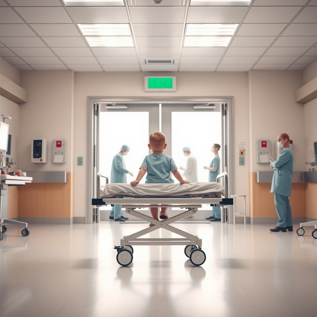 A hospital scene featuring a child on a gurney being wheeled into a large operating room with bright double doors