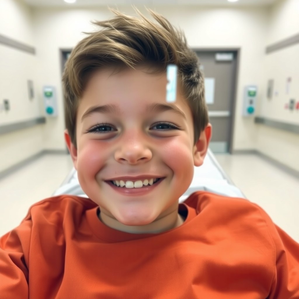 A close-up of a 15-year-old boy smiling at the camera while lying on a hospital gurney