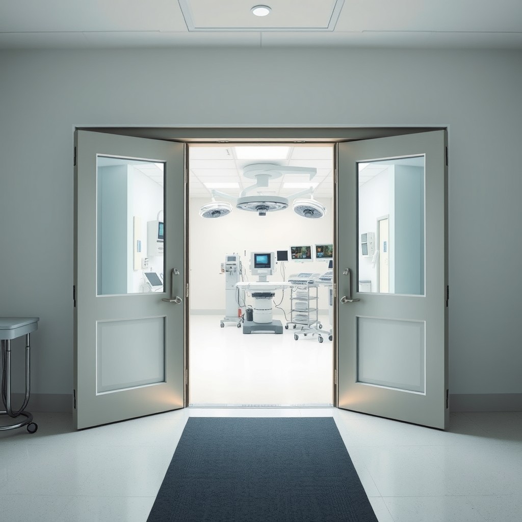 An operating room scene featuring large double doors leading into a clean, bright surgical environment