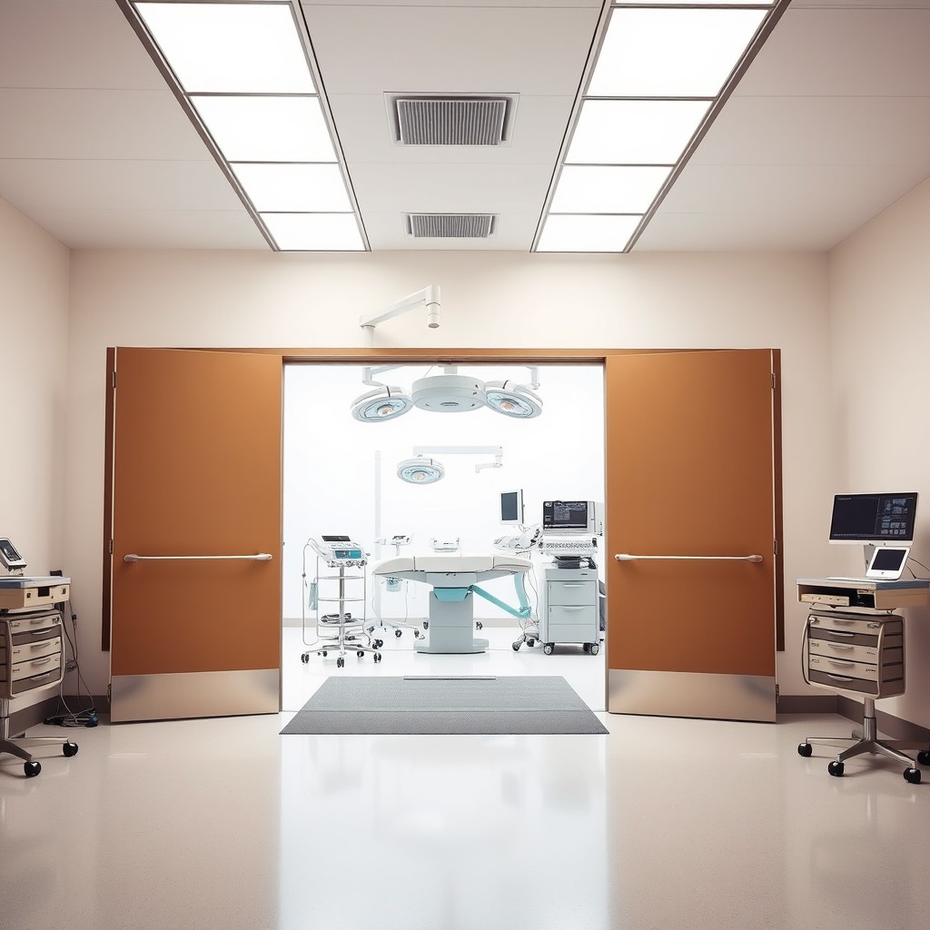 A bright and spacious operating room featuring large double doors that lead into the surgical space