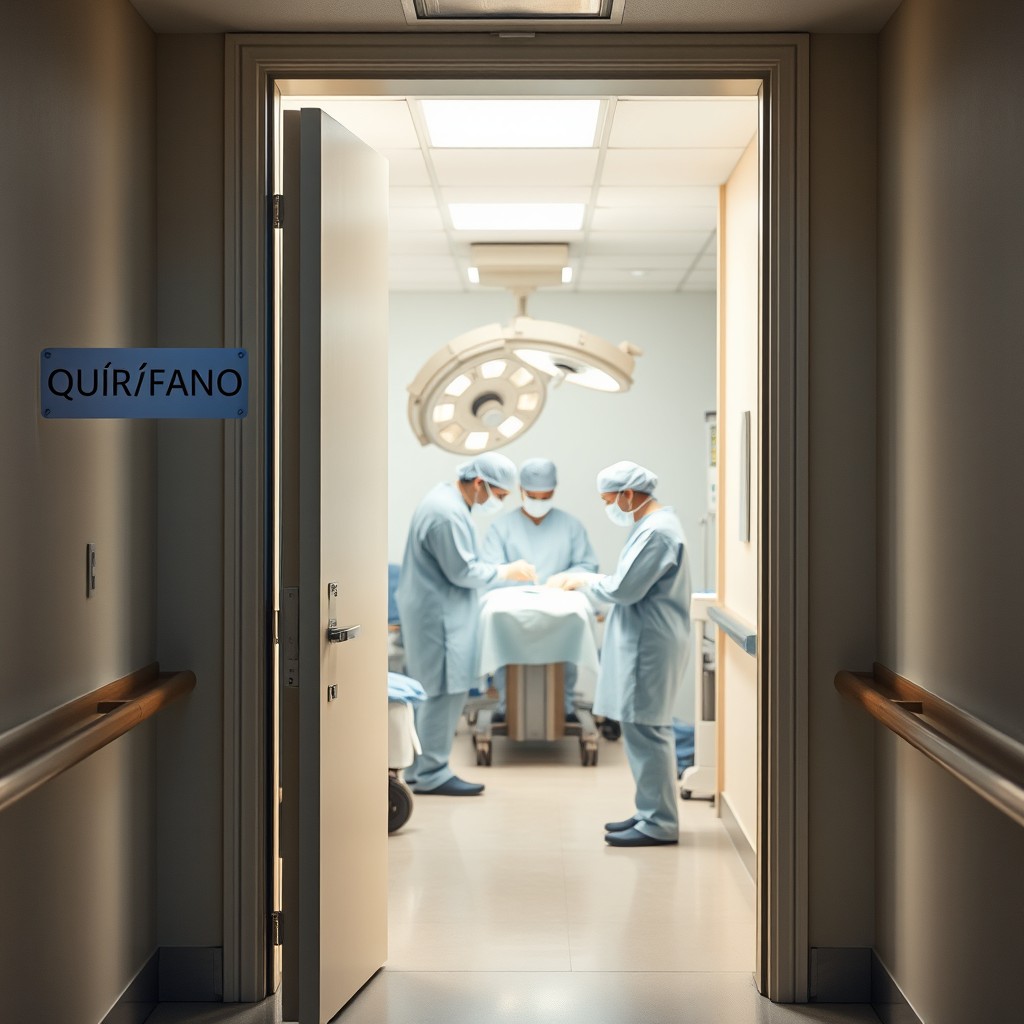 A large hospital door labeled 'QUIRÓFANO' (Operating Room) is slightly ajar, revealing a brightly lit operating room inside