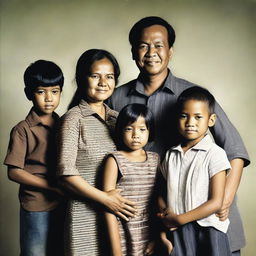 A contemporary Indonesian family portrait featuring a 40-year-old man, a 30-year-old woman, and their four children: a 3-year-old boy, a 17-year-old boy, a 13-year-old boy, and a 6-year-old girl