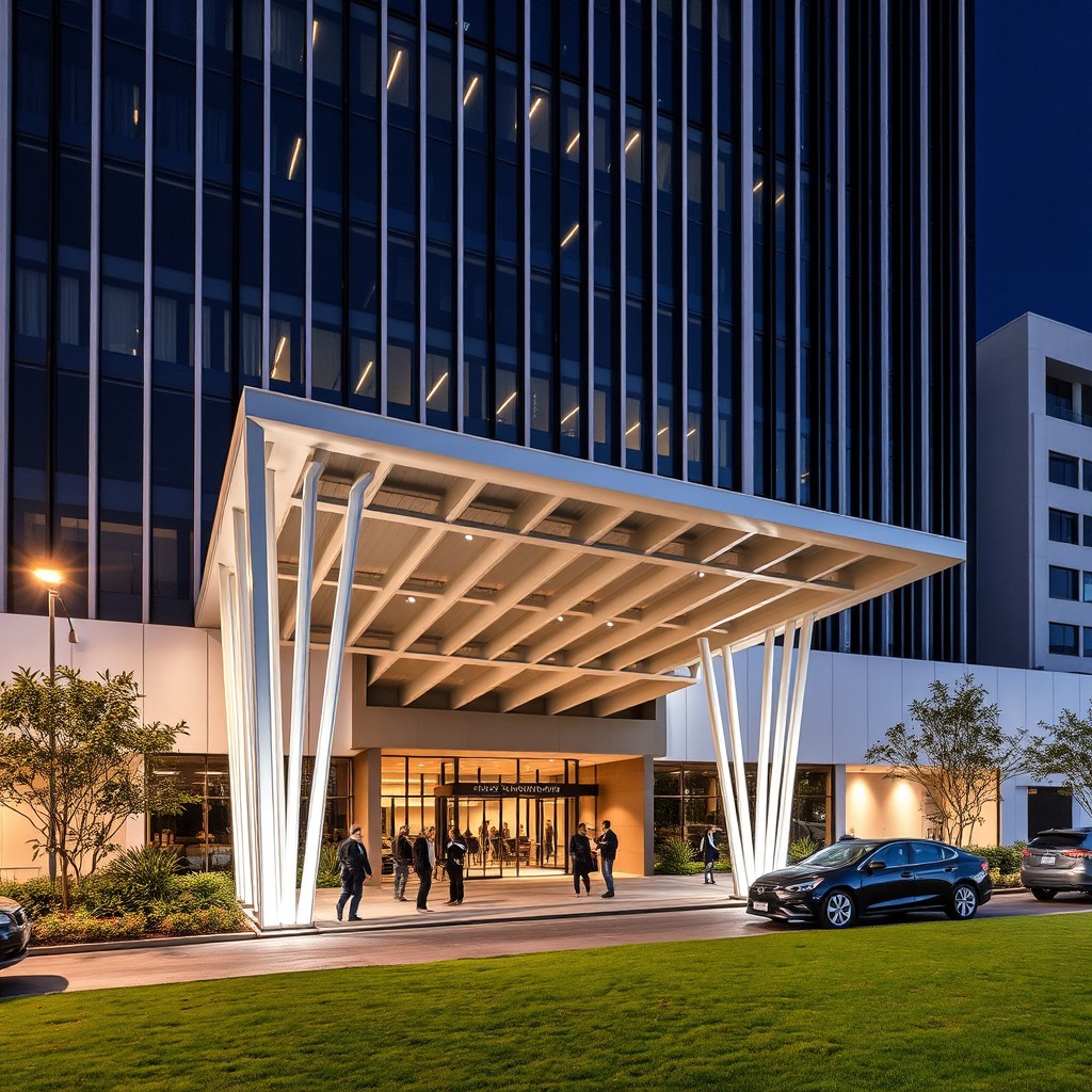 A modern hotel entrance square featuring a four-story building with a striking glass facade