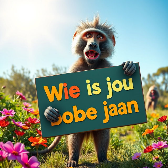 A humorous and engaging scene featuring a baboon standing proudly, holding a large, colorful sign that reads "Wie is jou bobejaan" in bold letters