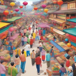 Chinese and Japanese people engaging in a lively and colorful marketplace scene