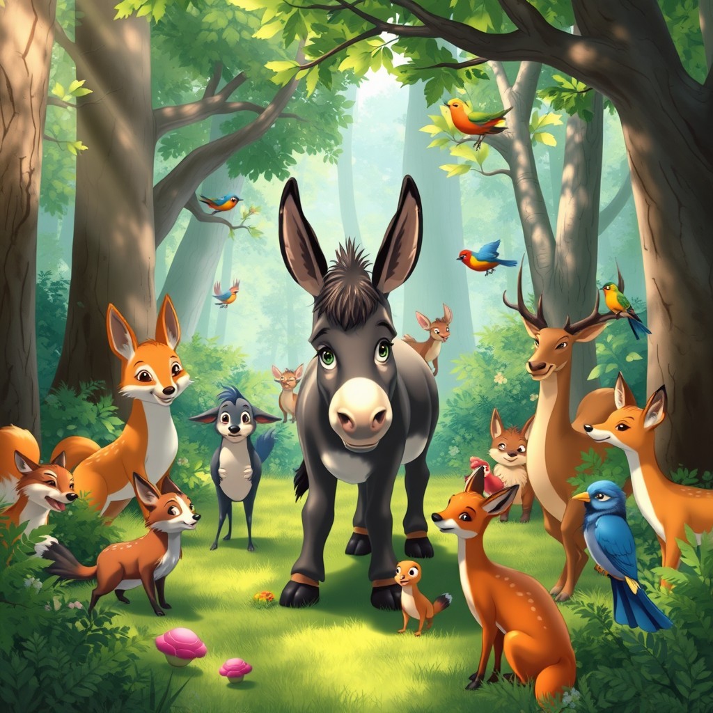 A whimsical scene featuring a donkey in a vibrant, lush forest surrounded by a variety of wild beasts, including playful foxes, curious deer, and colorful birds, all gathered around the donkey in a peaceful, friendly manner