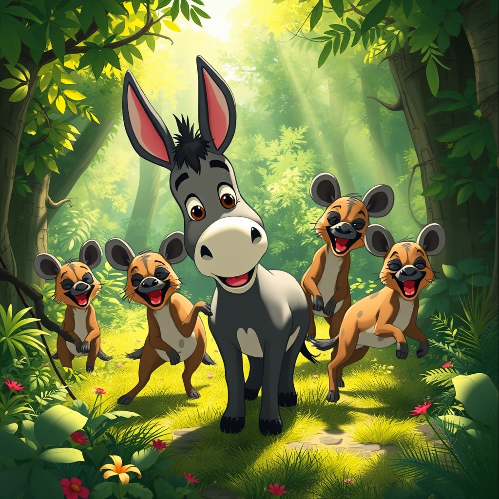 A whimsical scene in a lush forest inspired by Studio Ghibli, featuring a cheerful donkey surrounded by playful wild hyenas
