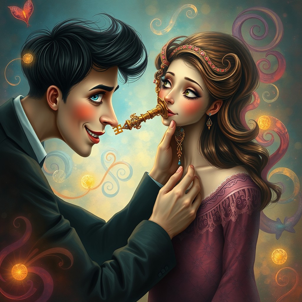 A surreal and imaginative artwork depicting a whimsical scene where a man gently inserts a large, colorful key into the ear of a woman