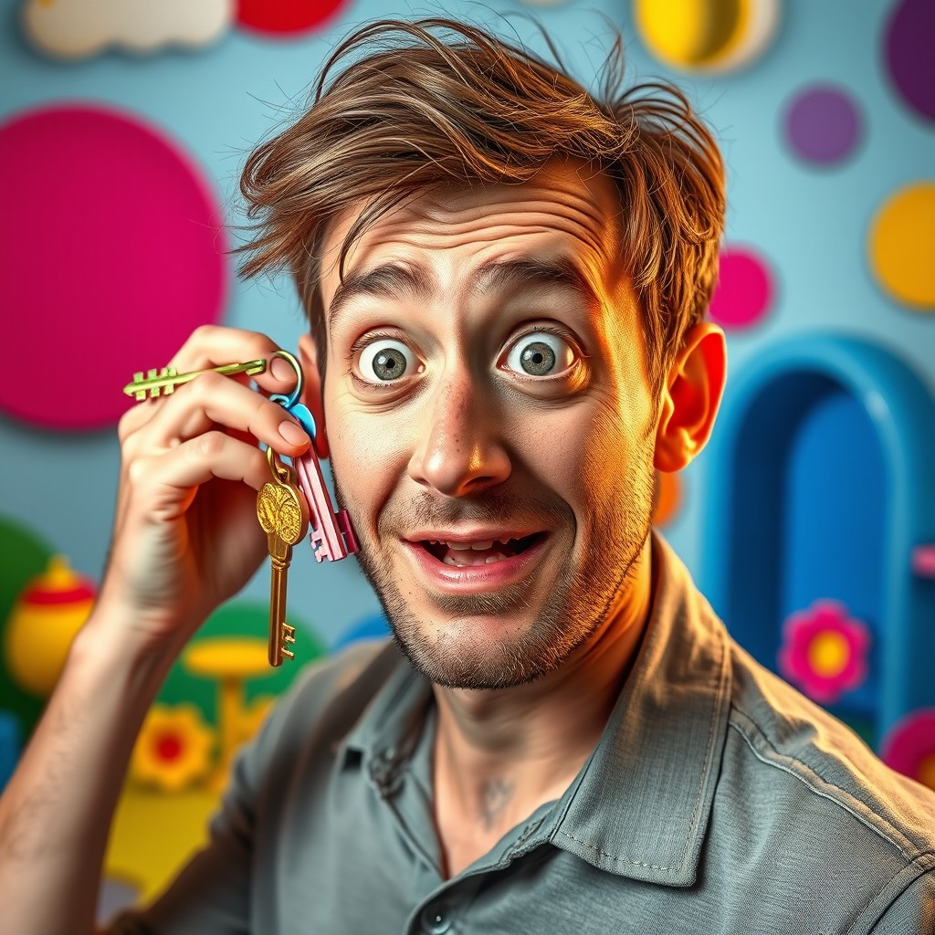 A surreal scene depicting a man with an expression of surprise as he puts a set of colorful keys into his left ear