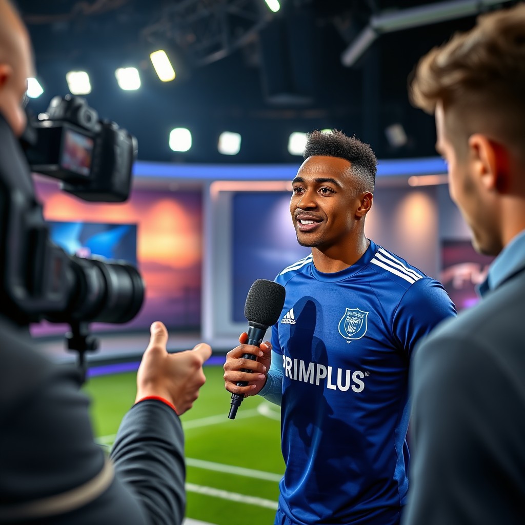 A professional football player being interviewed for a news segment in a modern studio setting