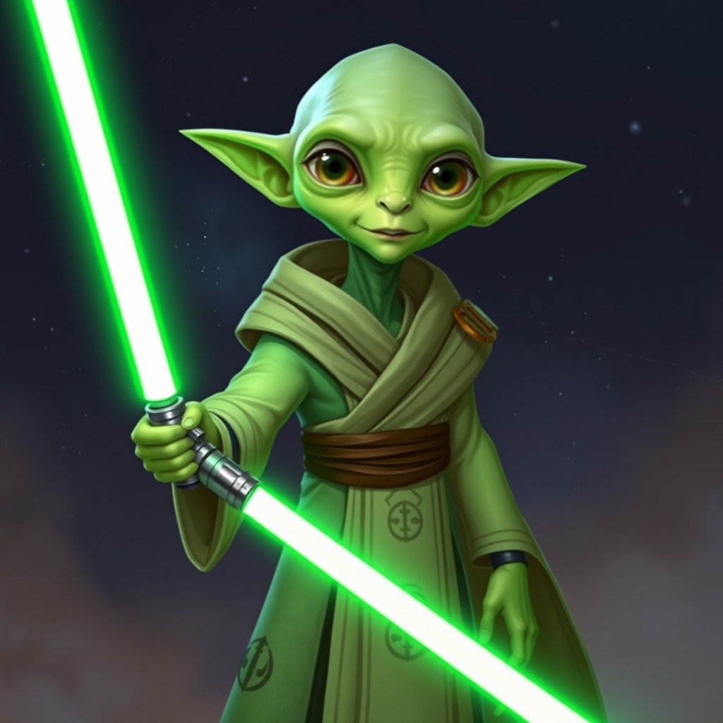 A unique alien character inspired by Kit Fisto, featuring a smooth, hairless head and vibrant green skin