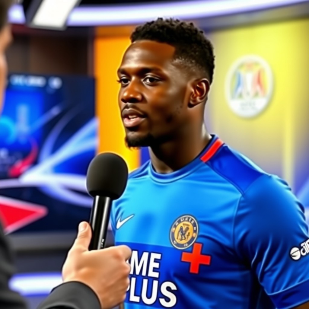 A football player in a modern news studio, being interviewed by a journalist