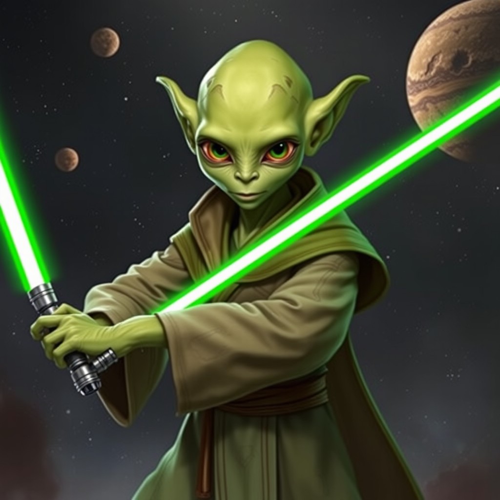 A distinctive alien character inspired by Kit Fisto, with a smooth, hairless head and vibrant green skin