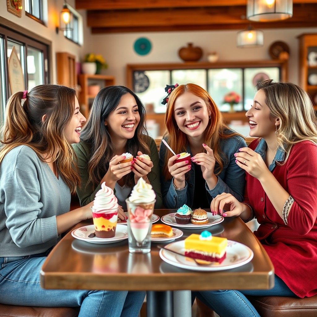 Four teenage girls sitting in a cozy cafe, enjoying a variety of colorful sweets and desserts