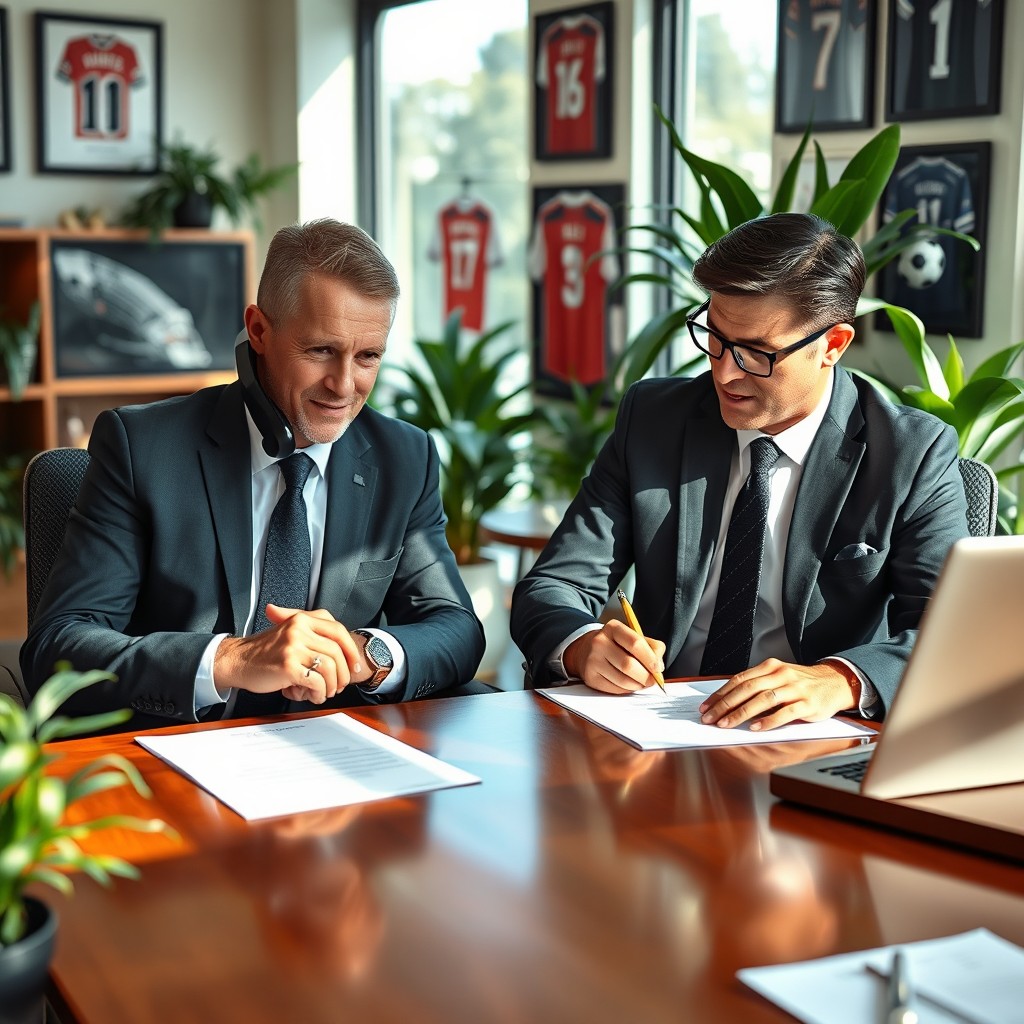 A visually captivating scene of two soccer coaches dressed in formal suits, sitting in a modern office filled with soccer memorabilia