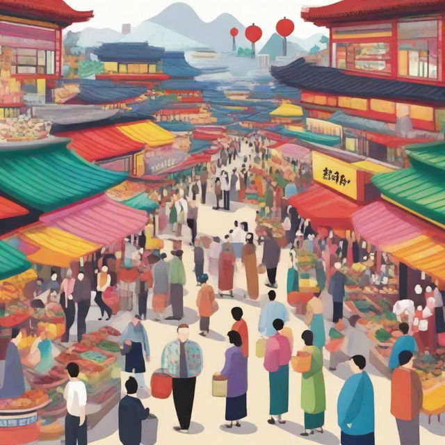 Chinese and Japanese people engaging in a lively and colorful marketplace scene