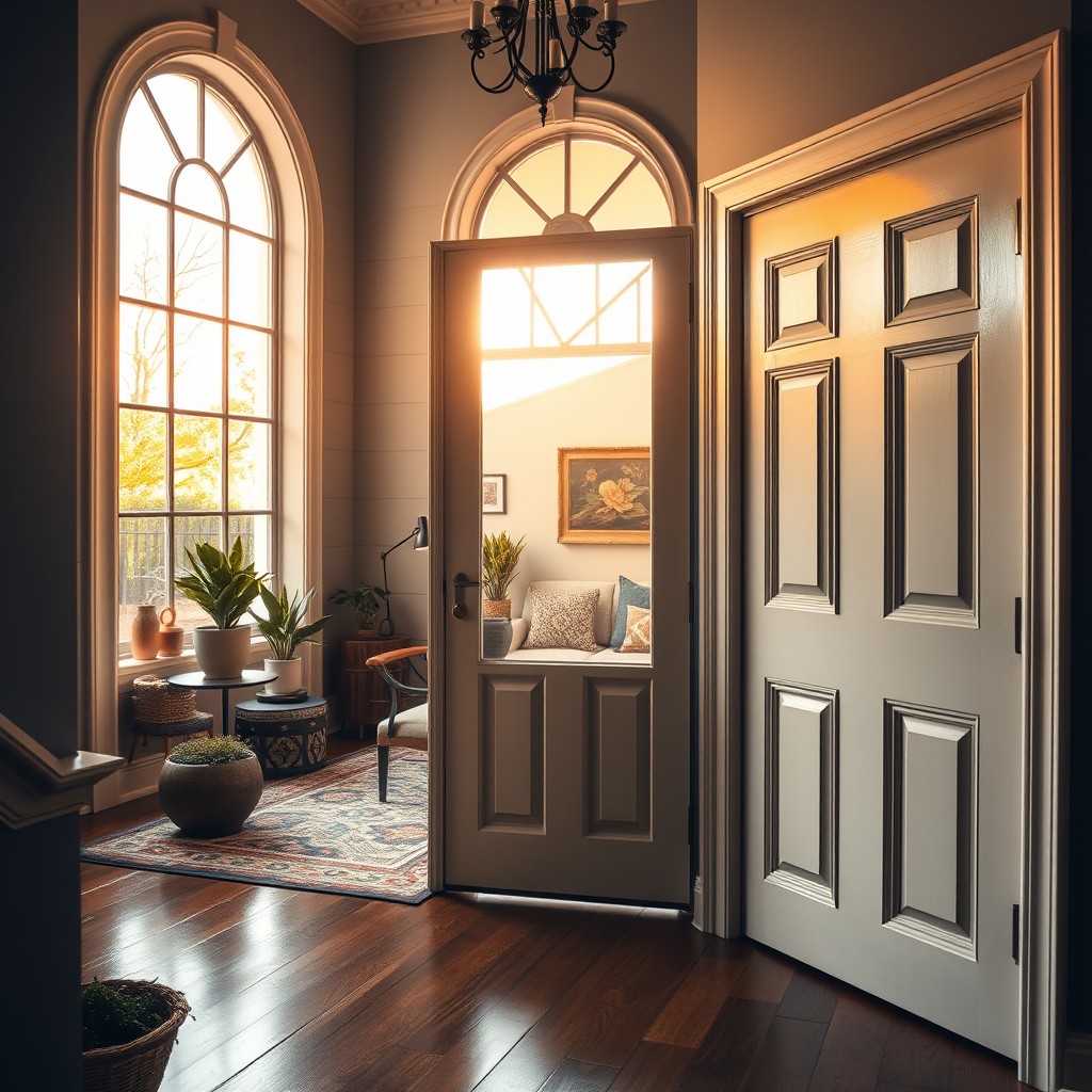 An interior scene of a beautifully designed home featuring a large, tall window beside the entrance door